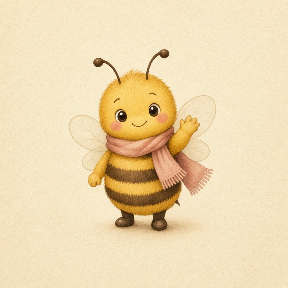 Friendly illustrated honeybee wearing a small pink scarf