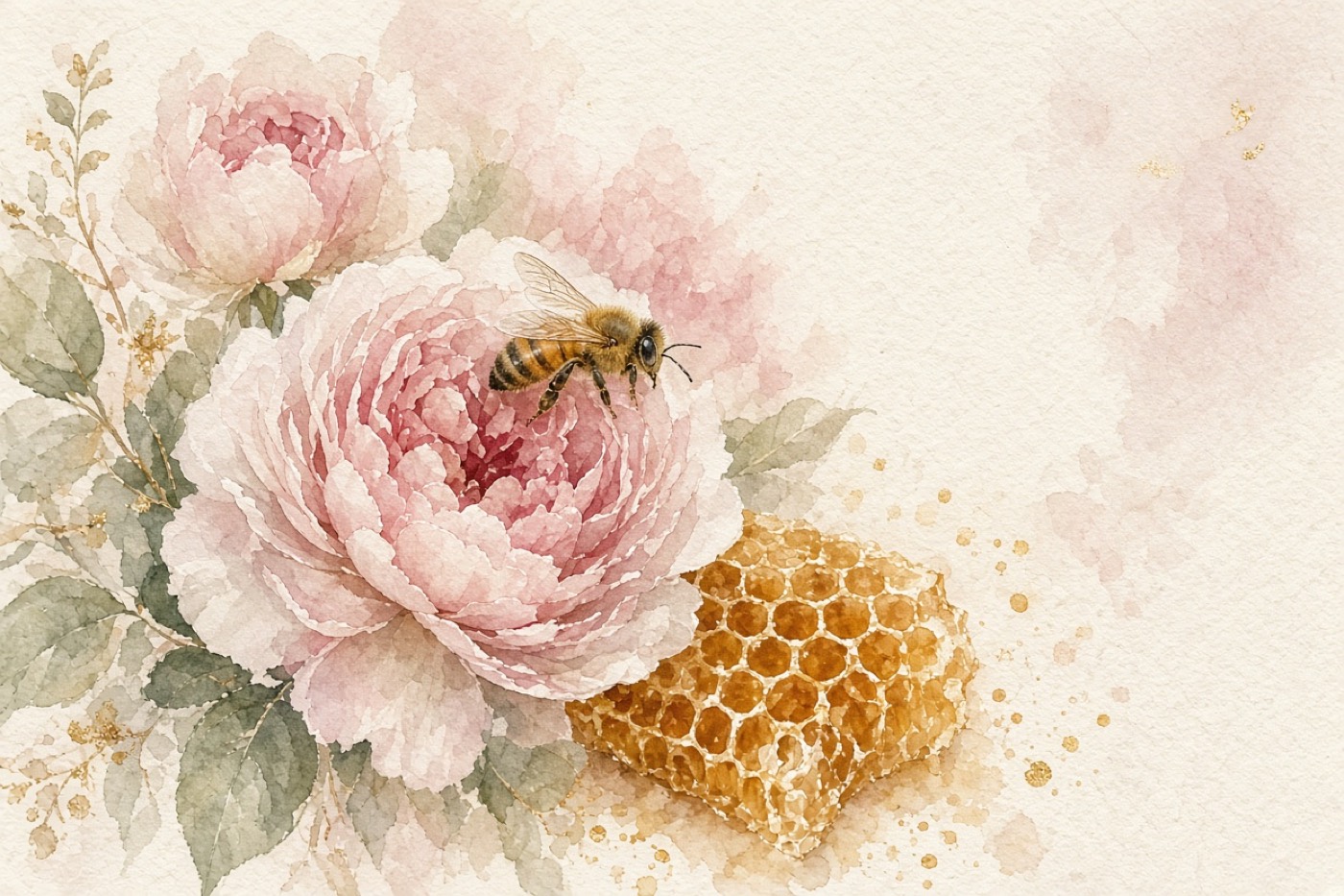 Watercolor honeybee on pale roses beside honeycomb