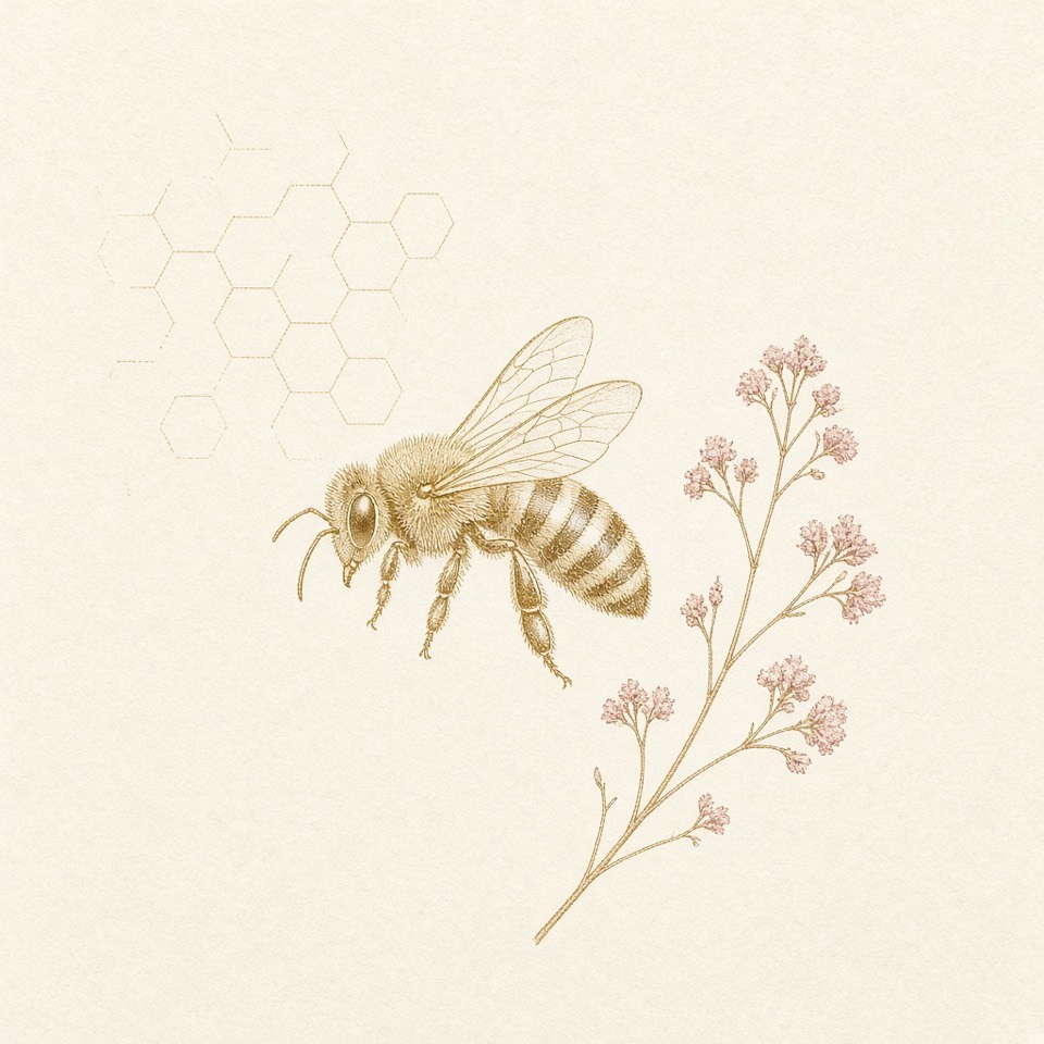 Fine gold-ink honeybee on warm ivory paper